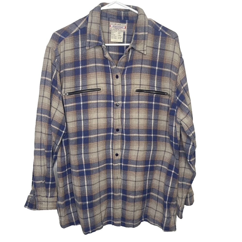 At Last Jeanswear Vintage Long Sleeve Button-Down Plaid Shirt 100% Cotton L